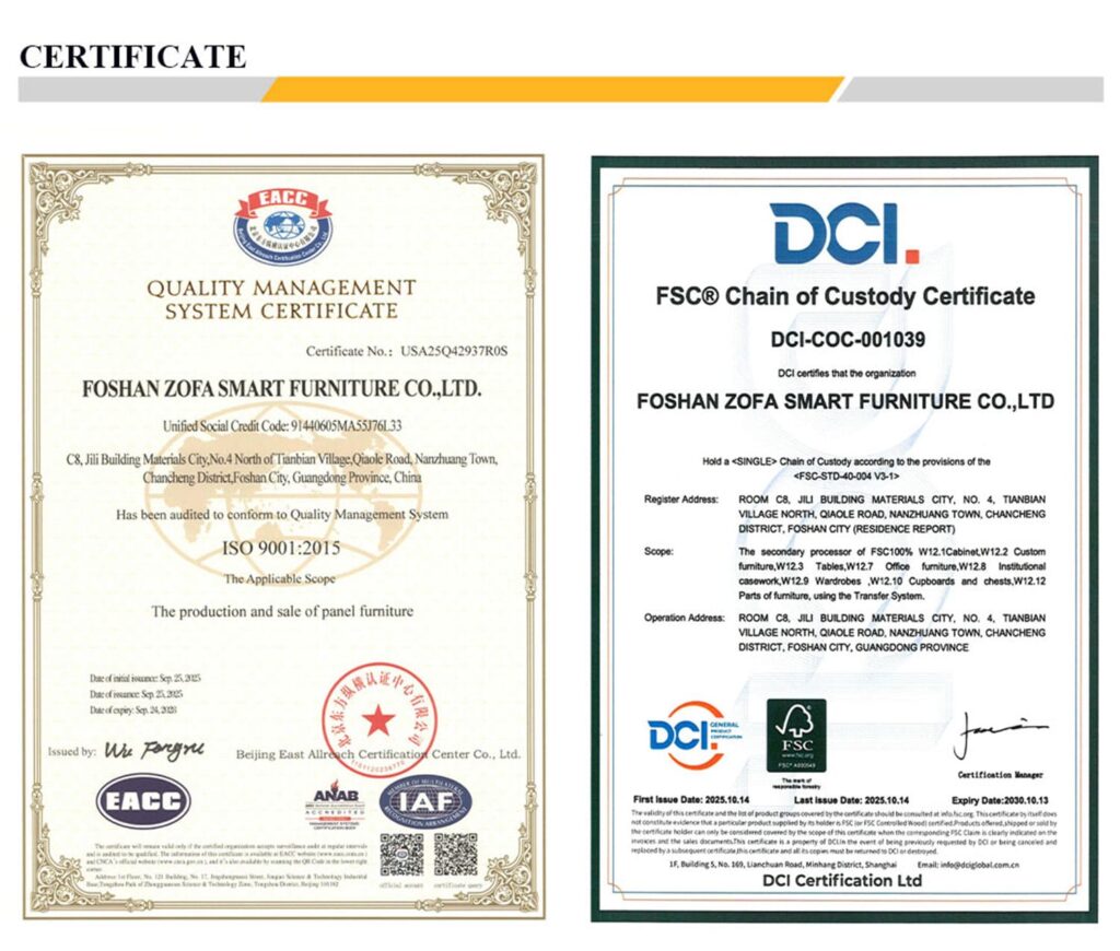 zofa cabinets certificate